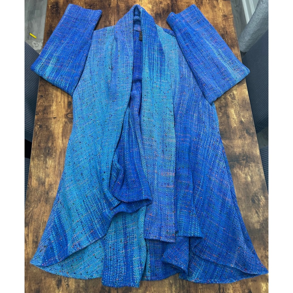 Candiss Cole Hand Woven 100% Silk‎ Open Cardigan Blue Multi Size S Artisan IKAT